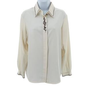 Koret Vintage 90s Cream Embroidered Trim Long Sleeve Sheer Career Blouse Sz 10